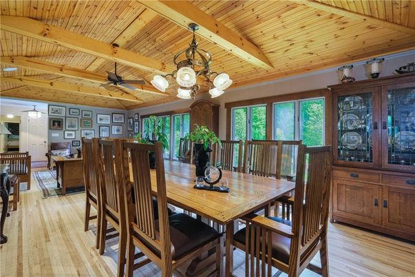 Chandelier, Dining room, Interior, Wooden Beams, Wooden Ceilings, Wood Texture Flooring