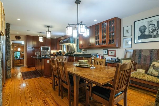 Dining room, Interior, Kitchen, Pendant Lights, Recessed Lighting, Stainless Steel Appliances, Wood Texture Flooring
