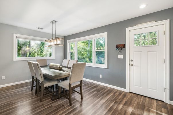 Dining room, Interior, Pendant Lights, Recessed Lighting, Wood Texture Flooring