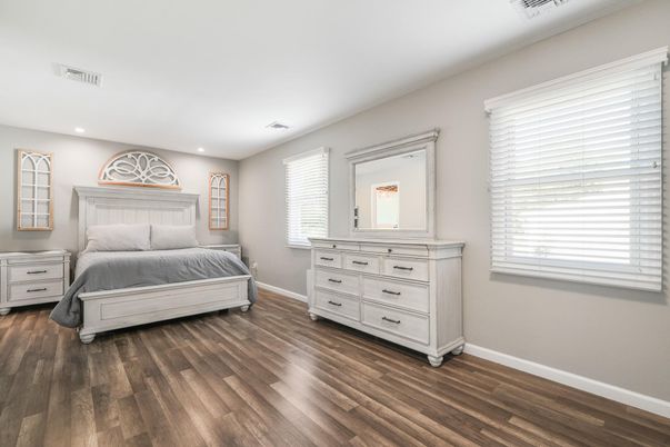 Bedroom, Interior, Recessed Lighting, Wood Texture Flooring