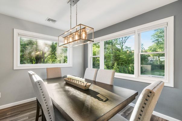 Dining room, Interior, Pendant Lights, Wood Texture Flooring
