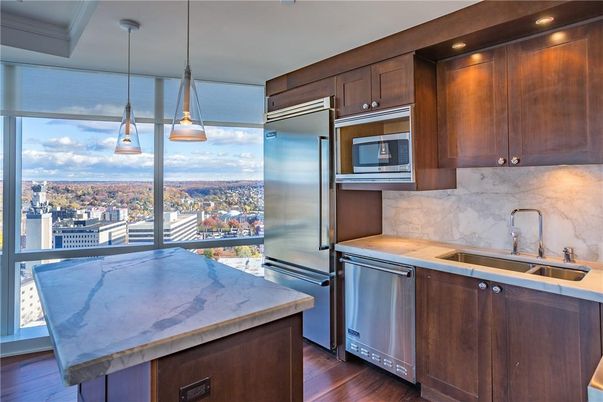 Interior, Kitchen, Pendant Lights, Recessed Lighting, Stainless Steel Appliances, Wood Texture Flooring