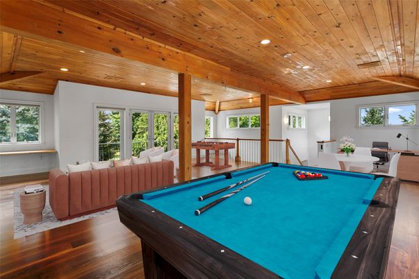 Billiard Table, Game Room, Interior, Recessed Lighting, Wooden Ceilings, Wood Texture Flooring