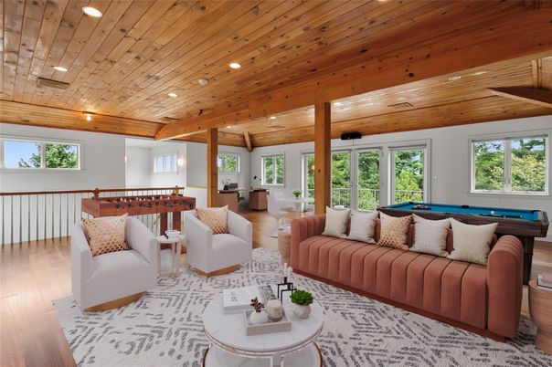 Billiard Table, Game Room, Interior, Living room, Recessed Lighting, Wooden Beams, Wooden Ceilings, Wood Texture Flooring