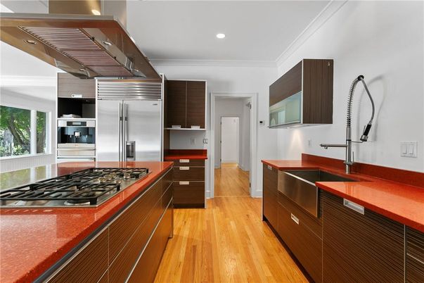 Interior, Kitchen, Recessed Lighting, Stainless Steel Appliances, Wood Texture Flooring