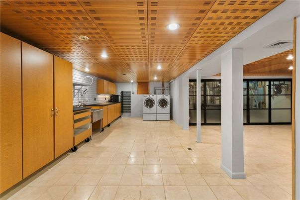 Interior, Kitchen, Recessed Lighting, Washer, Wooden Ceilings
