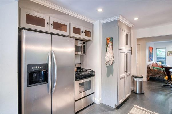 Interior, Kitchen, Recessed Lighting, Stainless Steel Appliances, Wood Texture Flooring