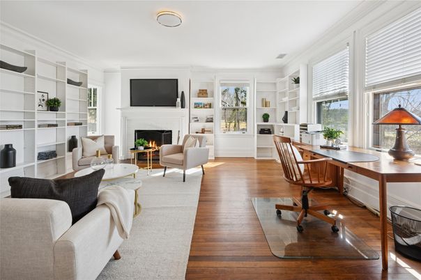 Fireplace, Home Office, Interior, Living room, Wood Texture Flooring
