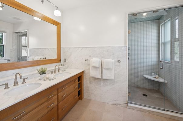 Bathroom, Dual Sink Vanities, Glass Shower, Interior