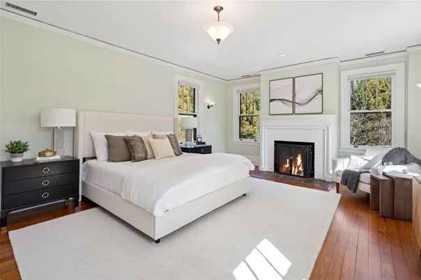 Bedroom, Fireplace, Interior, Recessed Lighting, Wood Texture Flooring
