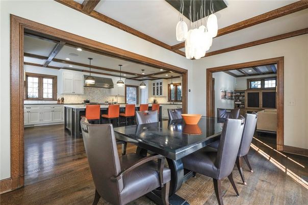 Dining room, Interior, Kitchen, Pendant Lights, Recessed Lighting, Wood Texture Flooring