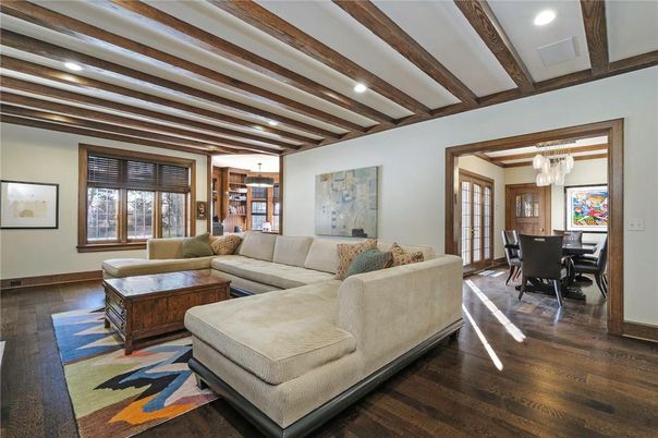 Chandelier, Dining room, Interior, Living room, Recessed Lighting, Wooden Beams, Wood Texture Flooring