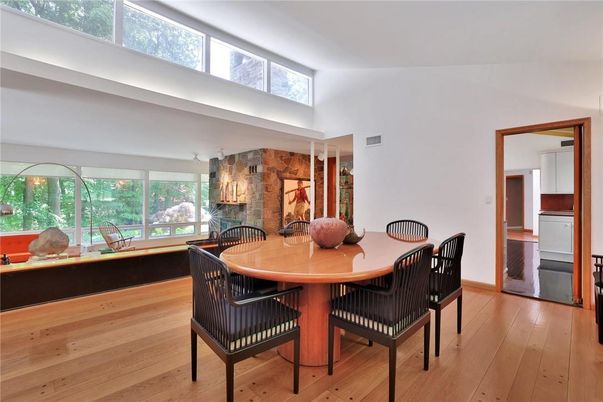 Dining room, Interior, Stone Walls, Wood Texture Flooring