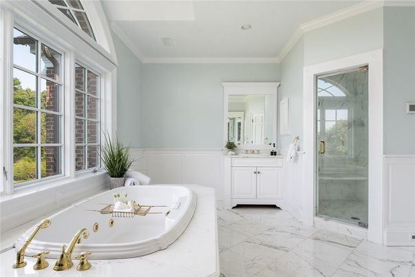 Bathroom, Glass Shower, Interior, Marble, Recessed Lighting