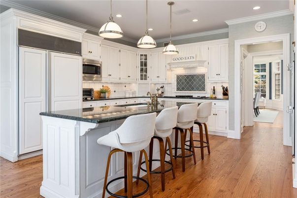 Interior, Kitchen, Pendant Lights, Recessed Lighting, Stainless Steel Appliances, Wood Texture Flooring