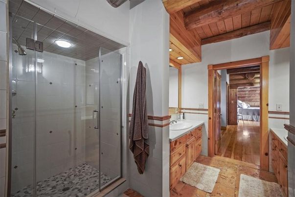 Bathroom, Glass Shower, Interior, Wooden Beams, Wooden Ceilings, Wood Texture Flooring