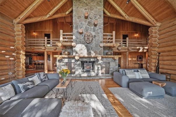 Fireplace, Interior, Living room, Pendant Lights, Stone Walls, Wooden Beams, Wooden Ceilings, Wood Texture Flooring, Wooden Walls