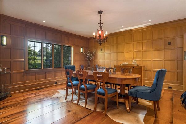 Chandelier, Dining room, Interior, Recessed Lighting, Wood Texture Flooring, Wooden Walls