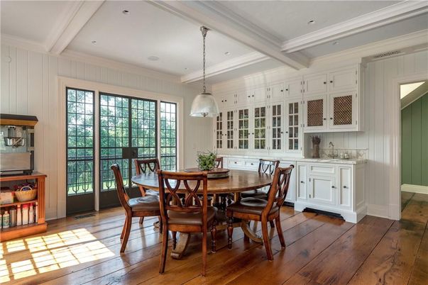Dining room, Interior, Pendant Lights, Recessed Lighting, Wood Texture Flooring