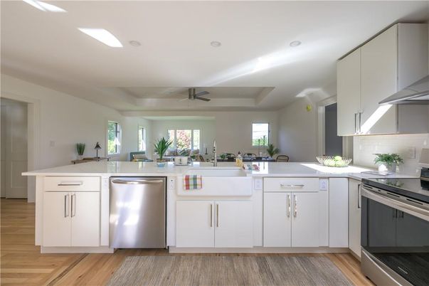 Interior, Kitchen, Recessed Lighting, Stainless Steel Appliances, Wood Texture Flooring