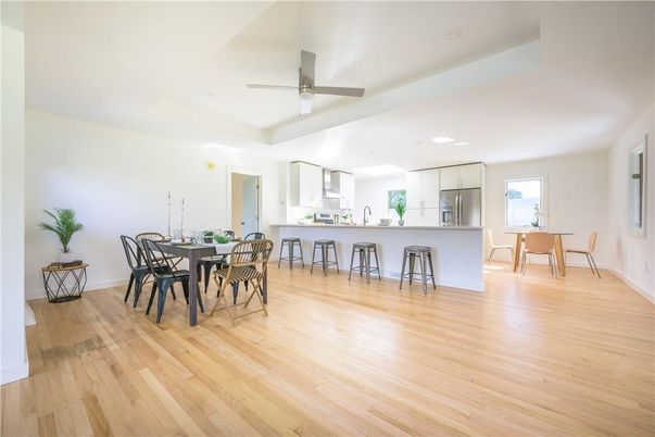 Dining room, Interior, Kitchen, Recessed Lighting, Wood Texture Flooring