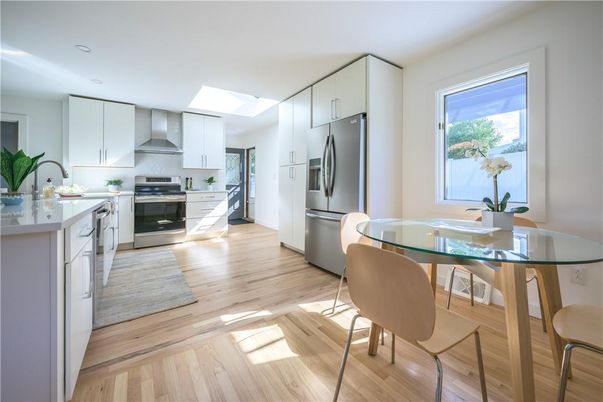 Dining room, Interior, Kitchen, Recessed Lighting, Stainless Steel Appliances, Wood Texture Flooring