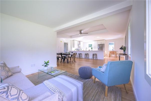 Dining room, Interior, Kitchen, Living room, Recessed Lighting, Wood Texture Flooring