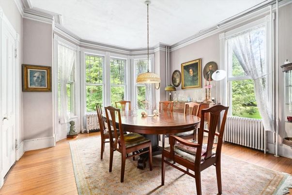 Dining room, Interior, Pendant Lights, Wood Texture Flooring