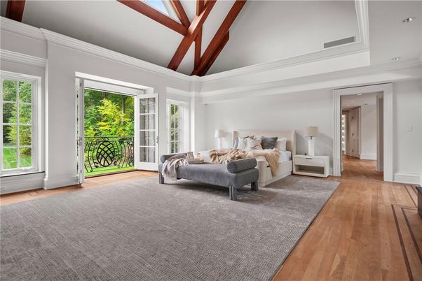Bedroom, Interior, Recessed Lighting, Wooden Beams, Wood Texture Flooring