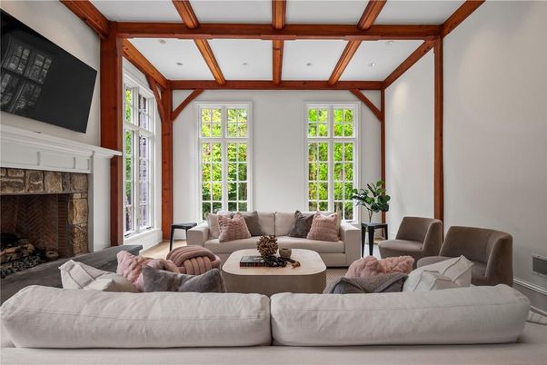 Fireplace, Interior, Living room, Recessed Lighting, Wooden Beams