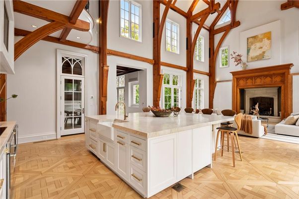 Fireplace, Interior, Kitchen, Living room, Recessed Lighting, Wooden Beams, Wood Texture Flooring
