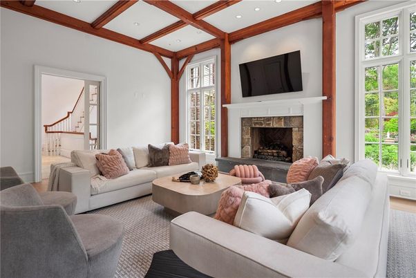 Fireplace, Interior, Living room, Recessed Lighting, Wooden Beams, Wood Texture Flooring