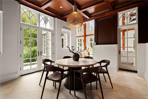 Chandelier, Dining room, Interior, Recessed Lighting, Wooden Beams, Wooden Ceilings