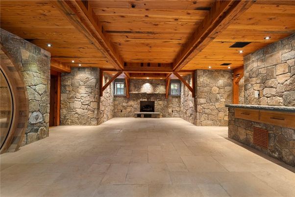 Fireplace, Interior, Recessed Lighting, Stone Walls, Wooden Beams, Wooden Ceilings