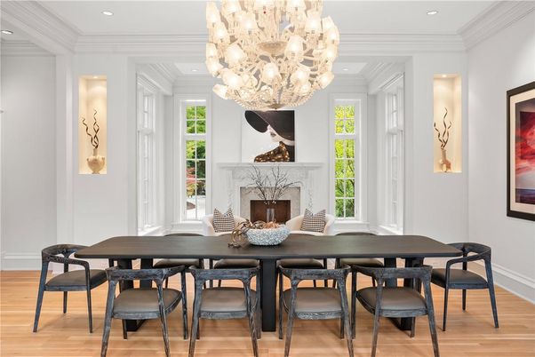 Chandelier, Dining room, Fireplace, Interior, Recessed Lighting, Wood Texture Flooring