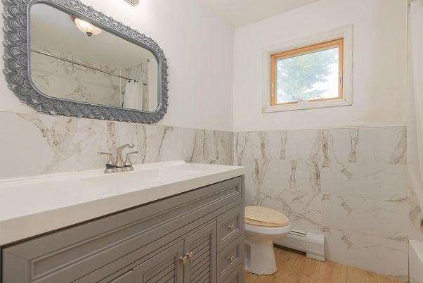 Bathroom, Interior, Marble Walls, Wood Texture Flooring