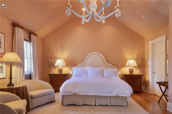 Bedroom, Chandelier, Interior, Recessed Lighting, Wood Texture Flooring