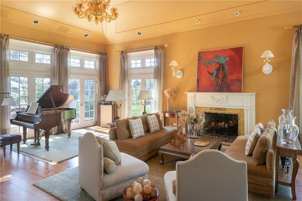 Chandelier, Fireplace, Interior, Living room, Piano, Recessed Lighting, Wood Texture Flooring