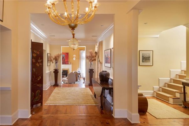 Chandelier, Fireplace, Interior, Recessed Lighting, Wood Texture Flooring
