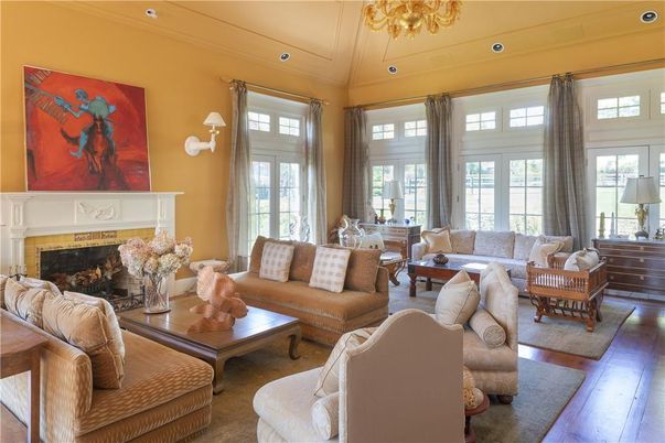 Chandelier, Fireplace, Interior, Living room, Recessed Lighting, Wood Texture Flooring