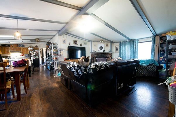 Dining room, Fireplace, Interior, Kitchen, Living room, Pendant Lights, Wood Texture Flooring