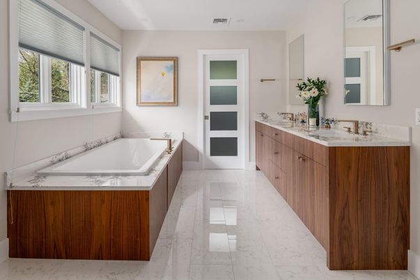 Bathroom, Dual Sink Vanities, Interior, Marble, Recessed Lighting