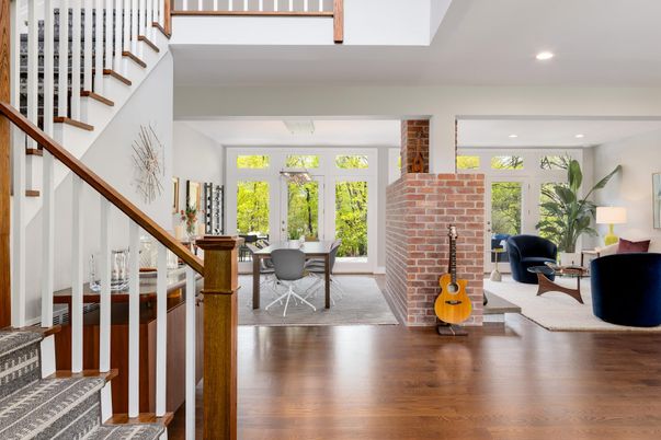Dining room, Fireplace, Interior, Living room, Recessed Lighting, Wood Texture Flooring