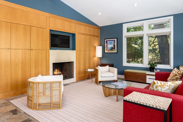Fireplace, Interior, Living room, Recessed Lighting, Wooden Walls