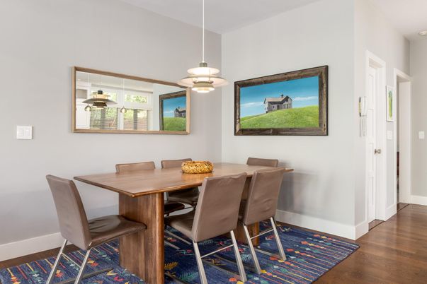 Dining room, Interior, Pendant Lights, Wood Texture Flooring