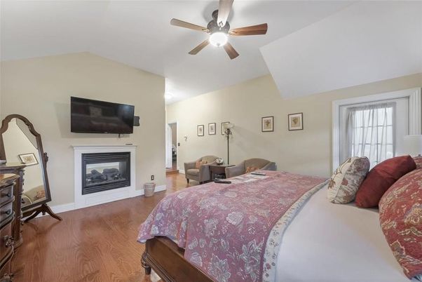 Bedroom, Fireplace, Interior, Wood Texture Flooring