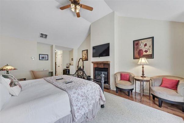 Bedroom, Fireplace, Interior, Wood Texture Flooring