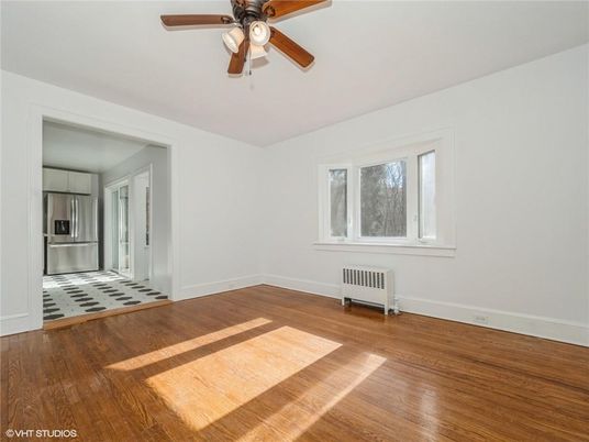 Empty room, Interior, Kitchen, Stainless Steel Appliances, Wood Texture Flooring