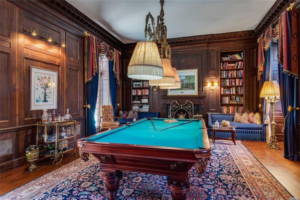 Billiard Table, Game Room, Interior, Pendant Lights, Wood Texture Flooring, Wooden Walls