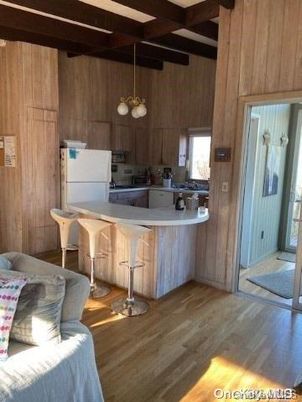Interior, Kitchen, Pendant Lights, Stainless Steel Appliances, Wooden Beams, Wood Texture Flooring, Wooden Walls